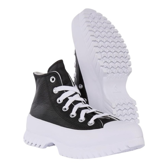 Converse All Star Black and White High-Top Platform Sneakers, Leather Upper. - Picture 5 of 11